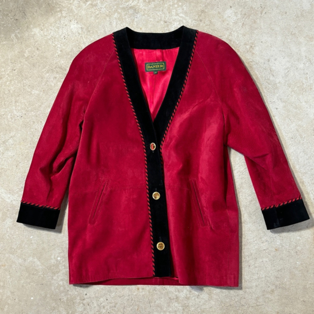 Danier Red Suede Leather Jacket Blazer Women’s Small Black Trim Gold Button Up